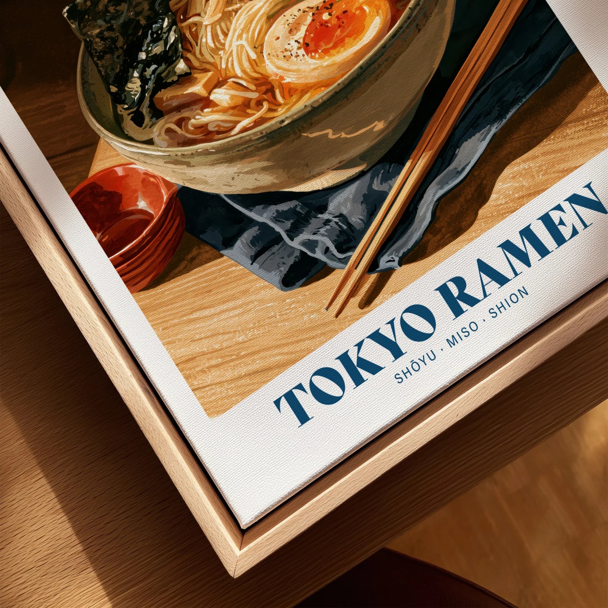 Japanese Ramen Kitchen Wall Art - closeup framed canvas natural wood floating frame