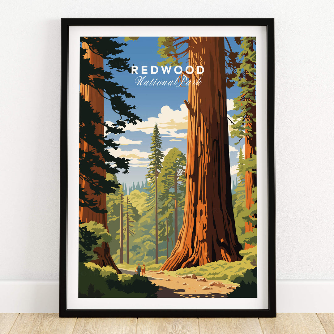 Redwood National Park Poster featuring towering trees and a scenic forest path in vibrant colors.