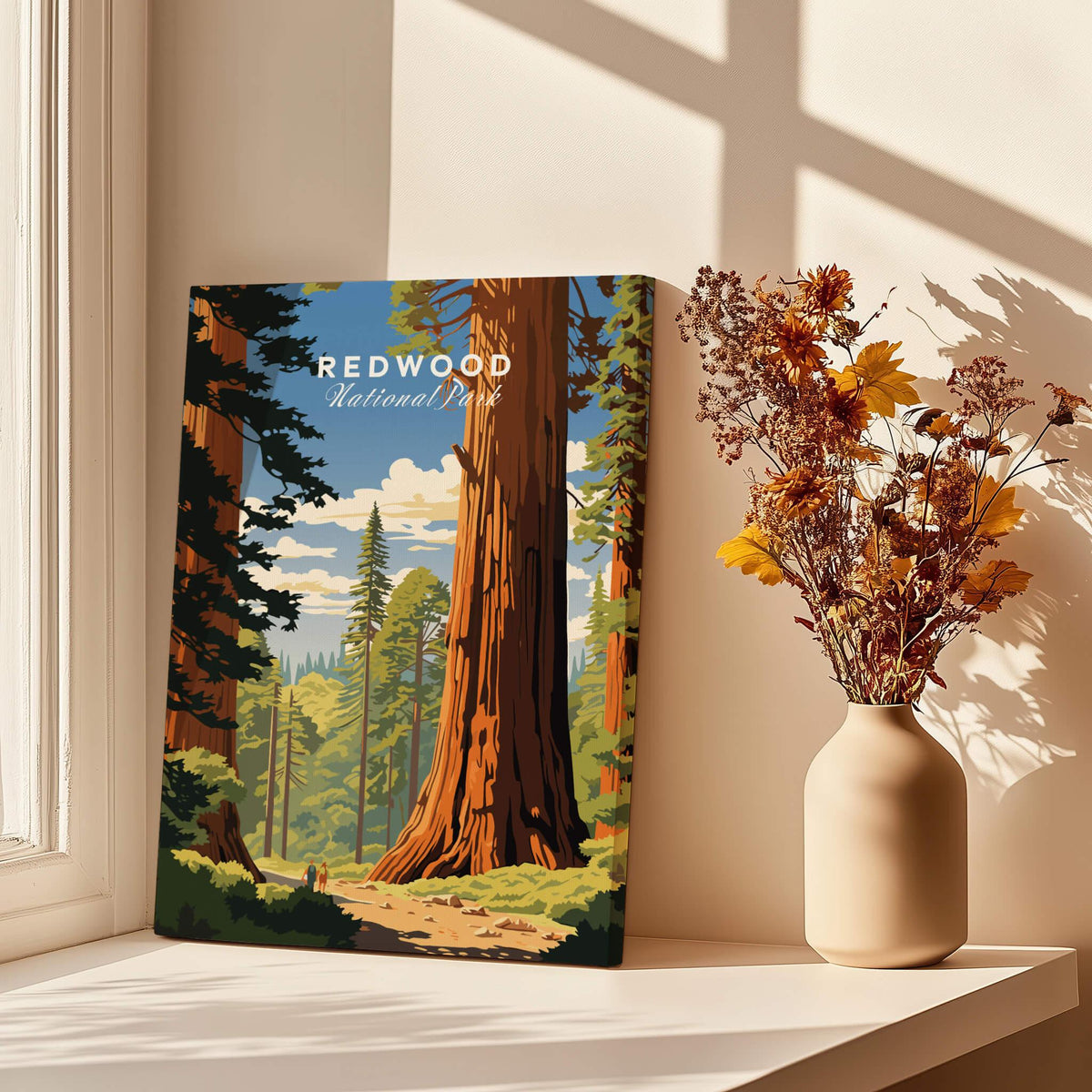 Redwood National Park Poster featuring a vibrant illustration of towering redwoods and a scenic background.