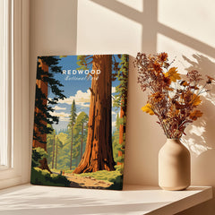 Redwood National Park Poster featuring a vibrant illustration of towering redwoods and a scenic background.