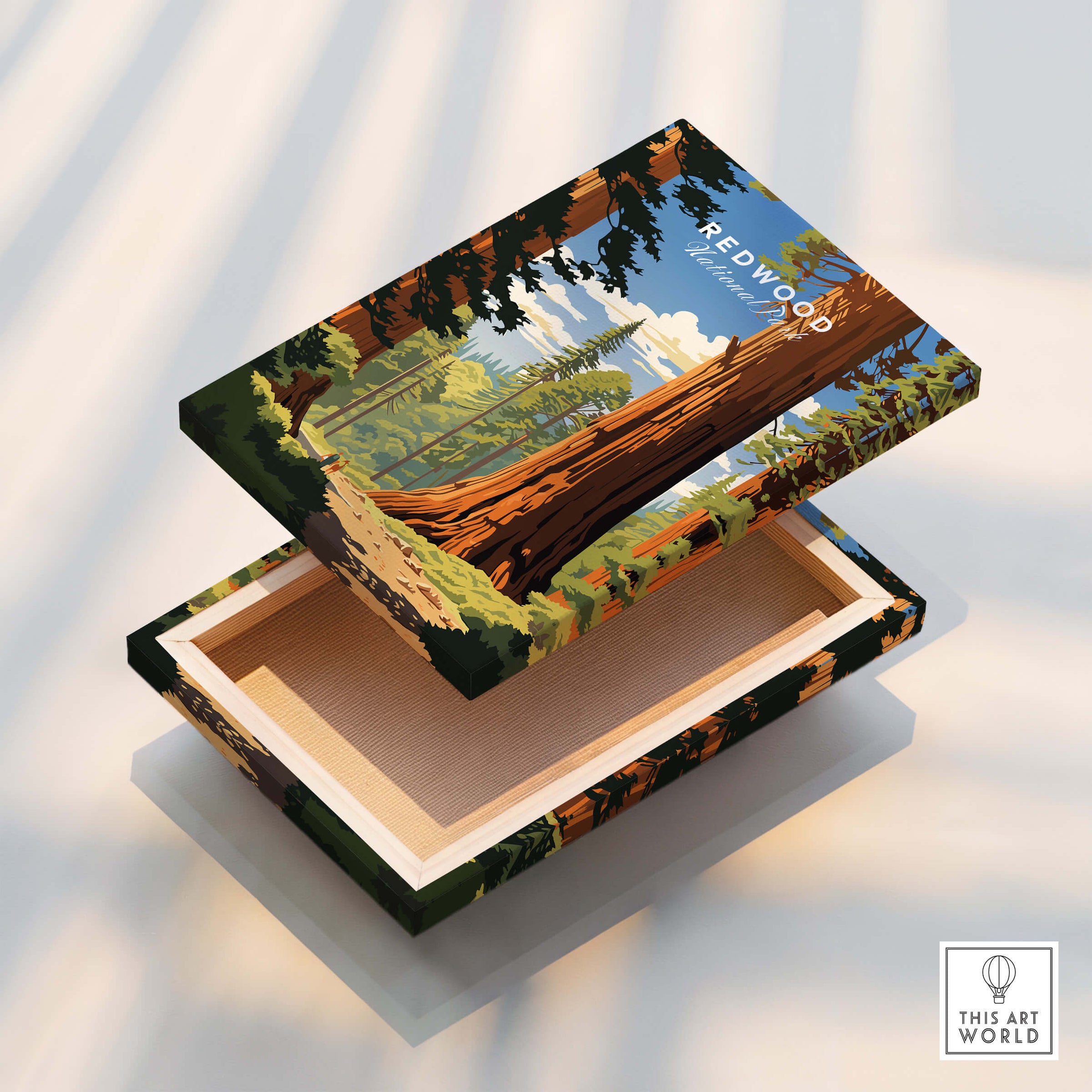 Redwood National Park Poster featuring a colorful design of tall redwood trees and scenic nature.