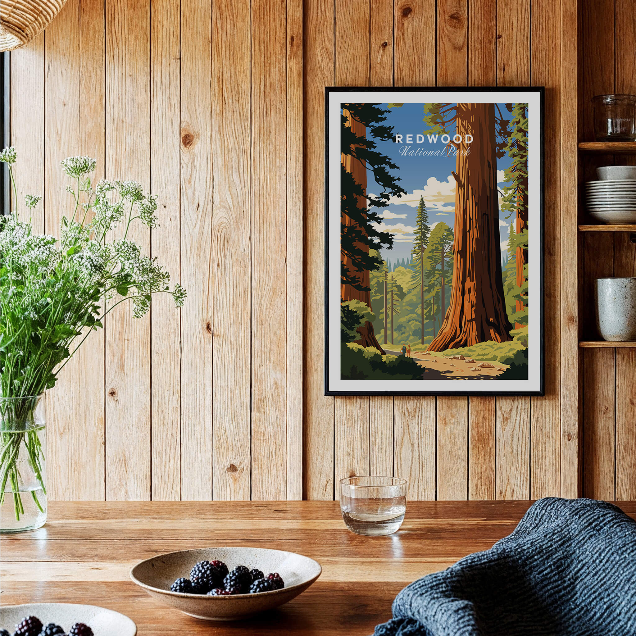 Redwood National Park Poster featuring a scenic view of towering redwoods in a rustic interior setting.
