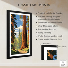 Redwood National Park Poster framed art print featuring towering trees and vibrant colors.