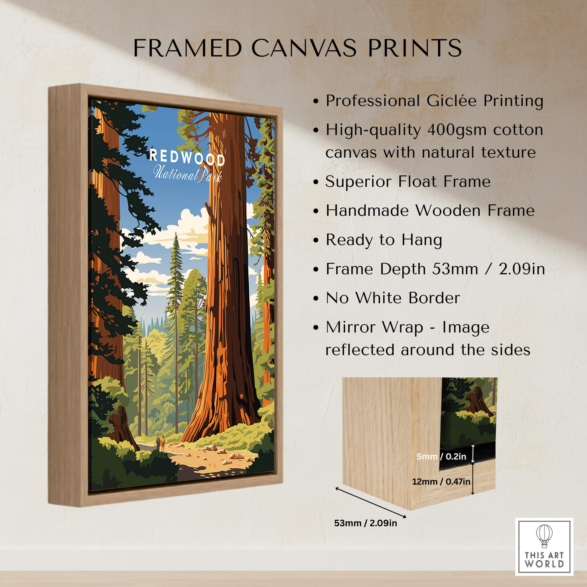 Redwood National Park Poster framed canvas print showcasing majestic redwoods and professional giclée printing details.