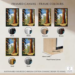 Redwood National Park Poster framed canvas options in black, white, natural, brown, gold, and silver.