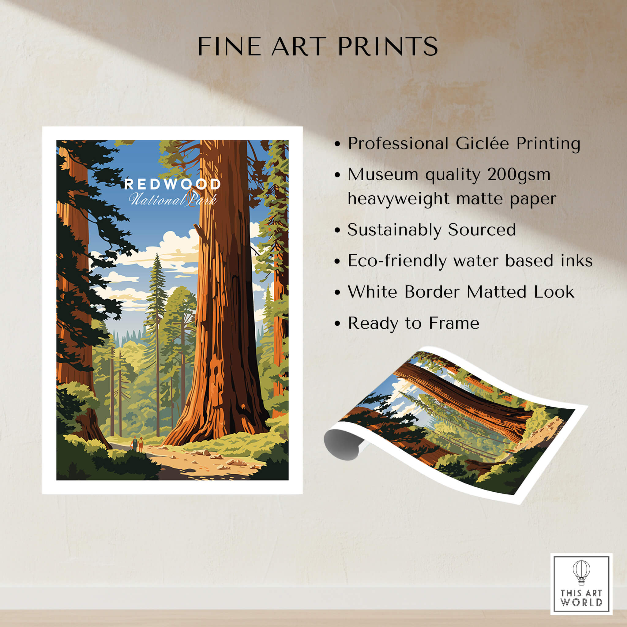 Redwood National Park Poster showcasing a scenic view of majestic redwood trees in vibrant colors.