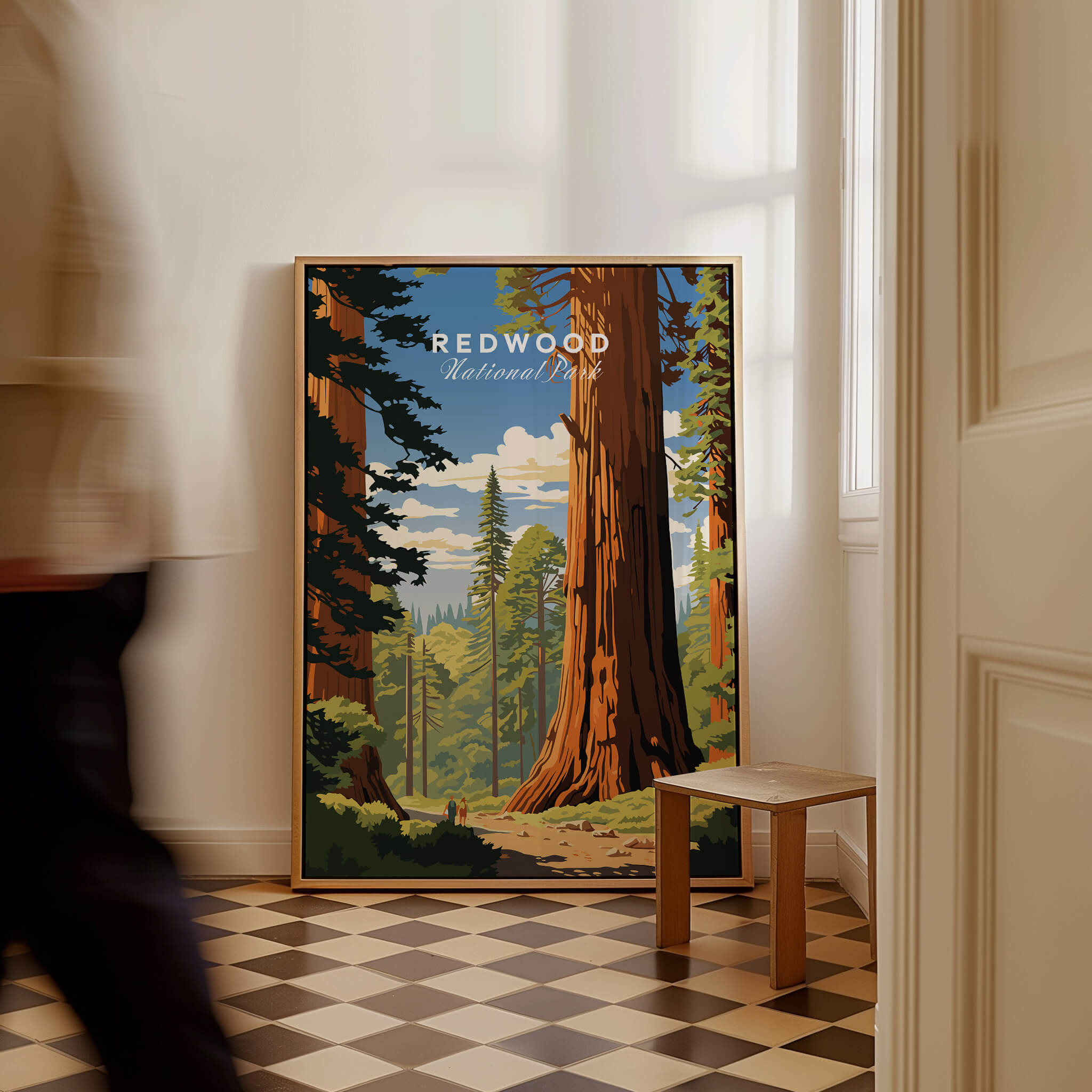 Redwood National Park Poster featuring towering trees and scenic landscape, perfect for home decor.