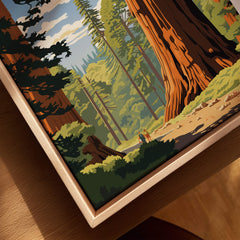 Redwood National Park Poster featuring towering trees and scenic trails in vibrant colors.
