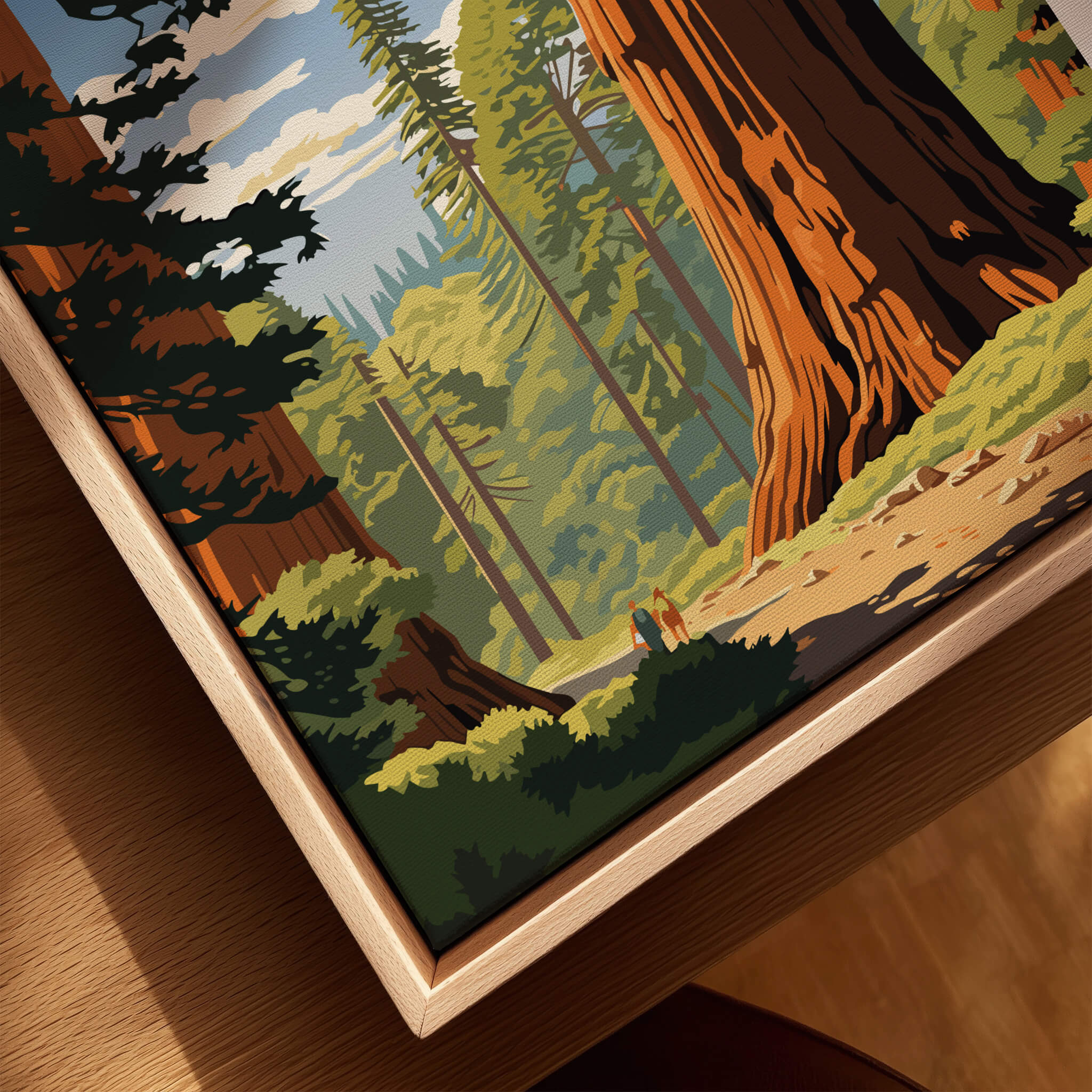 Redwood National Park Poster featuring towering trees and scenic trails in vibrant colors.