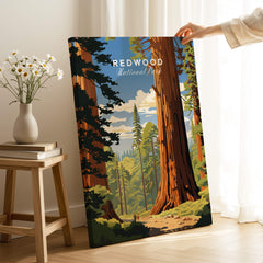 Redwood National Park Poster featuring majestic trees and scenic landscape in vibrant colors.