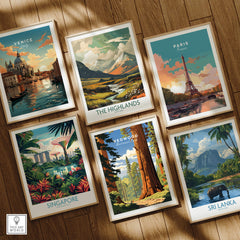 Collection of travel posters featuring Venice, The Highlands, Paris, Redwood National Park, Singapore, and Sri Lanka.