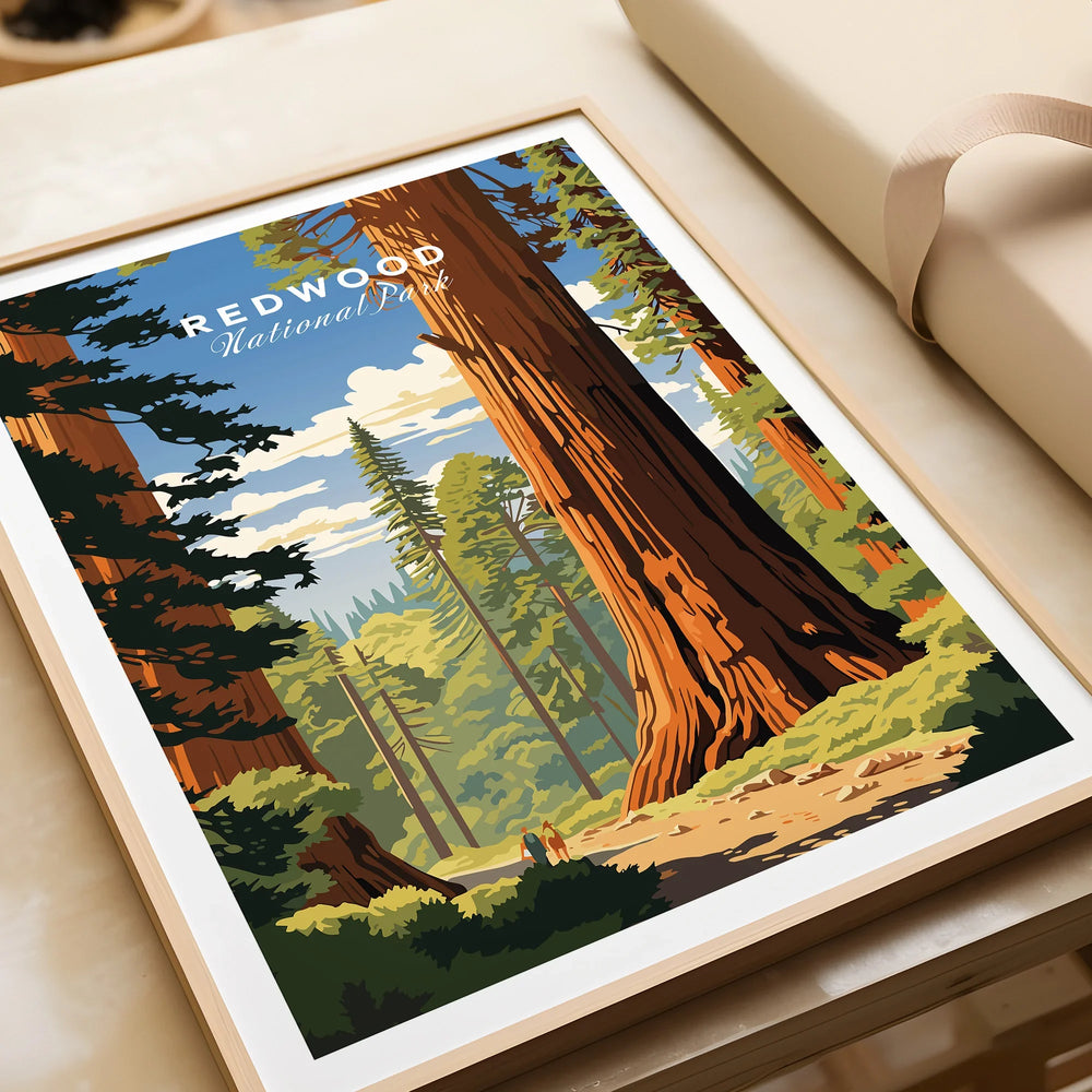 Redwood National Park art print in natural wood frame, colorful forest poster gift