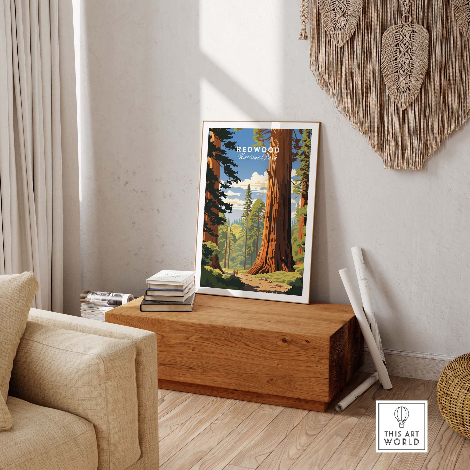 Redwood National Park Poster displayed in a stylish living room on a wooden table, showcasing nature's beauty.