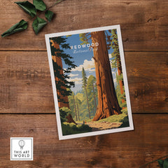 Redwood National Park Poster featuring majestic redwoods and scenic landscape in vibrant colors on premium paper.