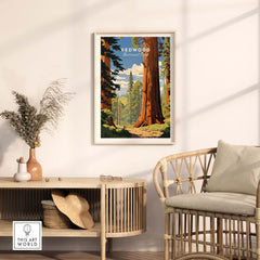 Redwood National Park Poster in a stylish living room setting, showcasing a majestic redwood tree and serene landscape.