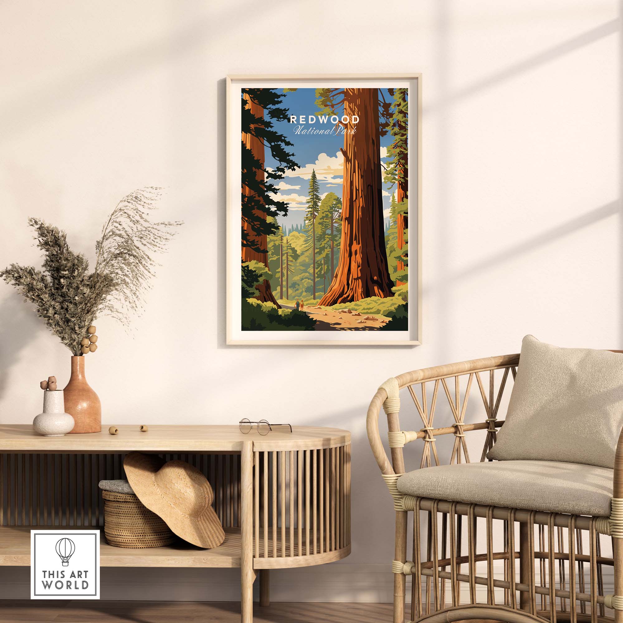 Redwood National Park Poster in a stylish living room setting, showcasing a majestic redwood tree and serene landscape.