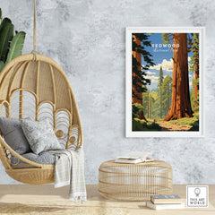 Redwood National Park Poster showcasing towering trees in a serene forest with a cozy hanging chair and decor.