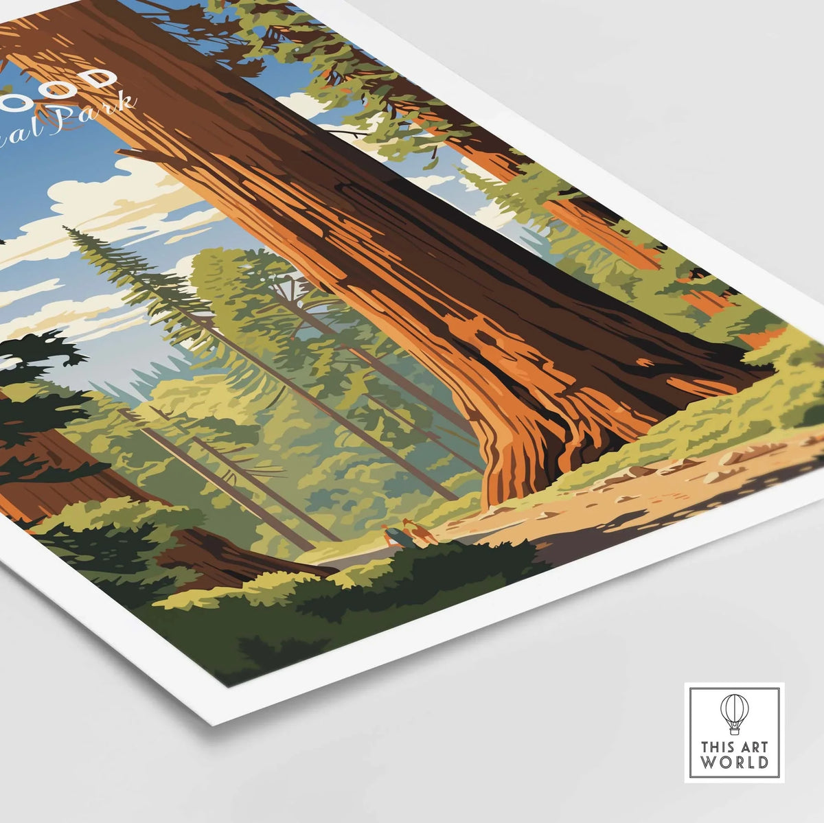 Redwood National Park Poster featuring majestic trees and a vibrant landscape scene from California.
