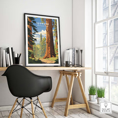 Redwood National Park Poster framed on a wall in a modern workspace, showcasing towering trees and vibrant landscape.