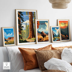 Redwood National Park Poster framed among other national park prints in a stylish home interior setting.