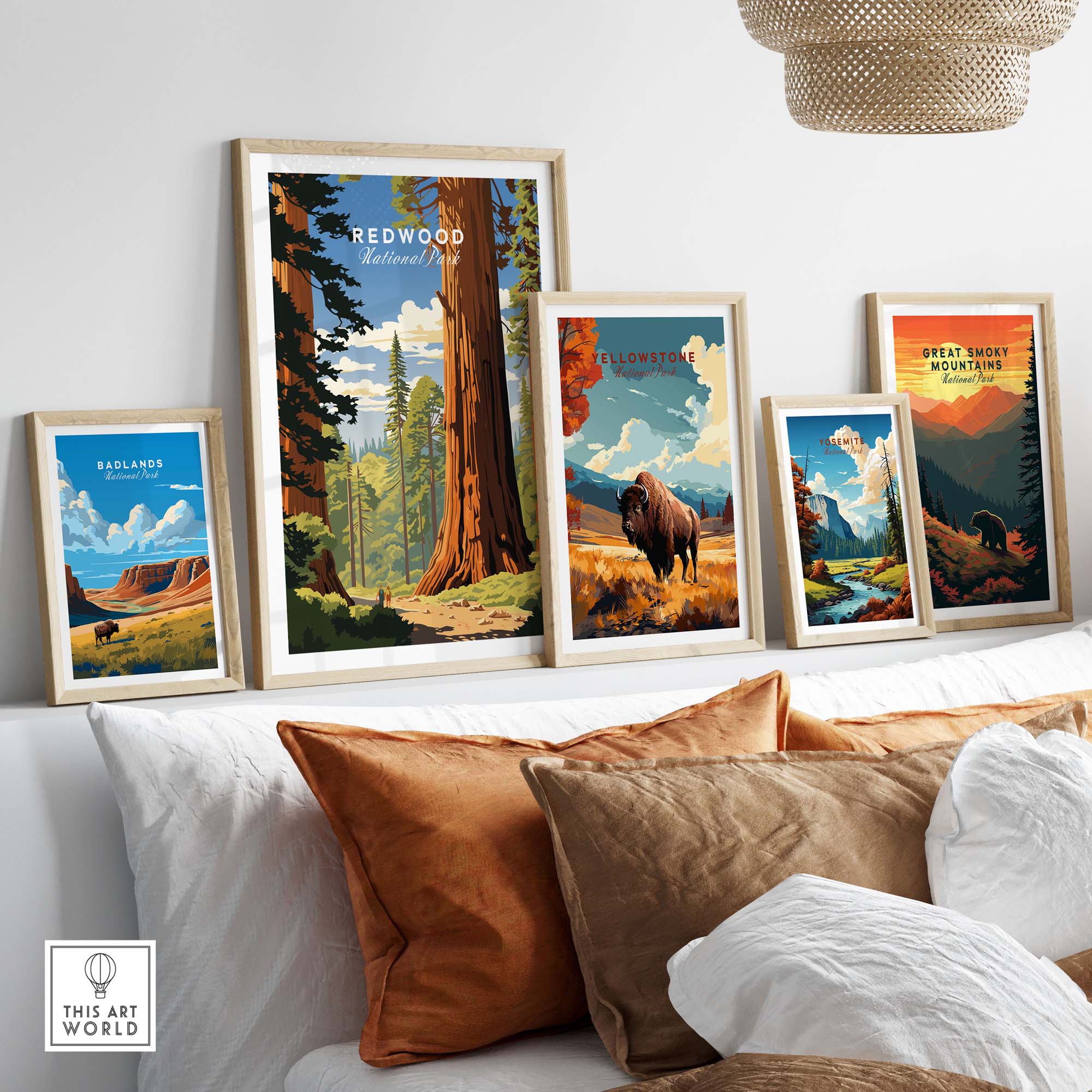 Redwood National Park Poster framed among other national park prints in a stylish home interior setting.