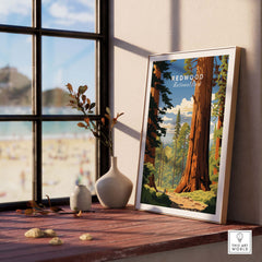 Redwood National Park Poster displayed indoors by a window, showcasing majestic redwood trees and a serene landscape.