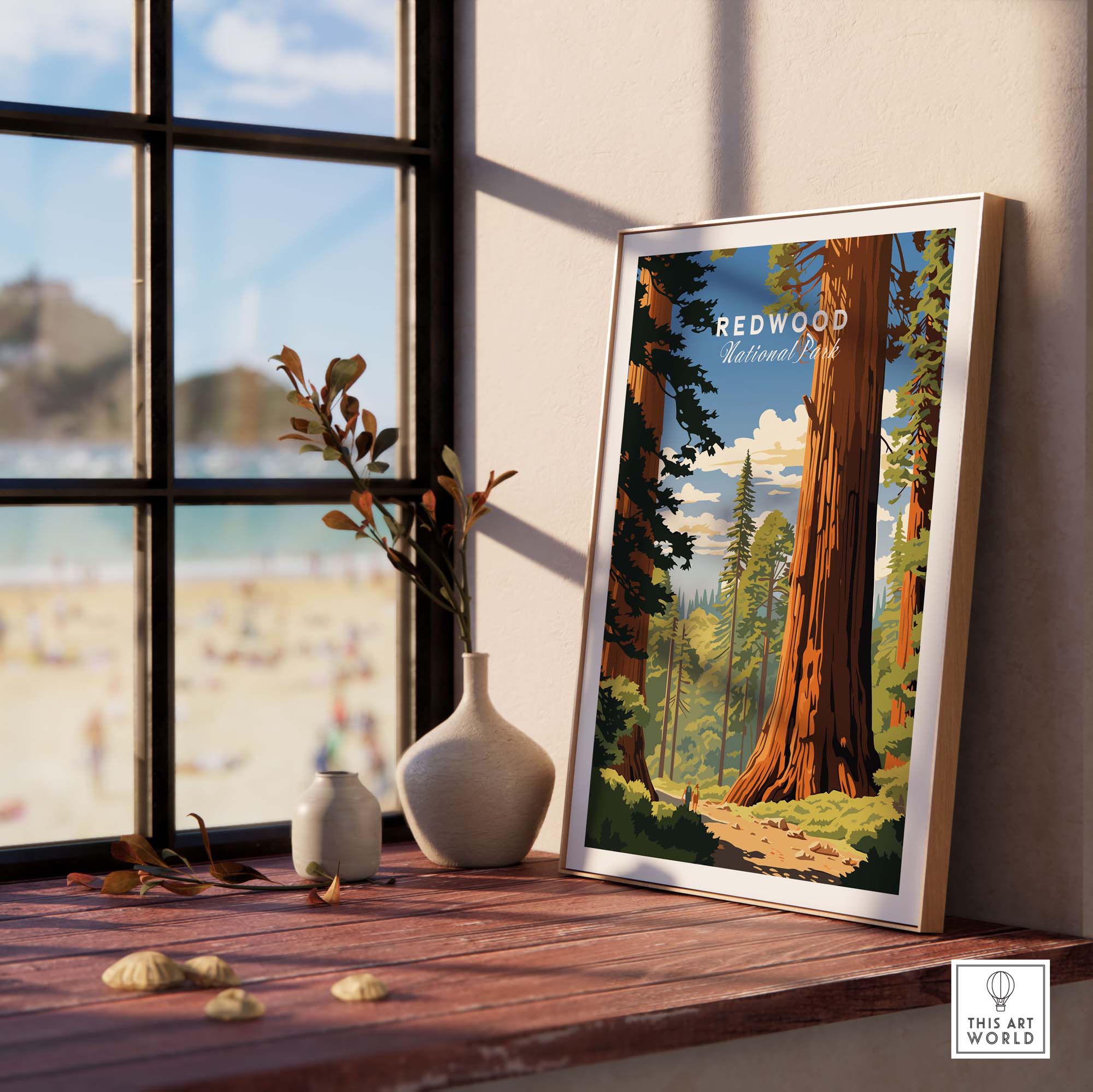 Redwood National Park Poster displayed indoors by a window, showcasing majestic redwood trees and a serene landscape.