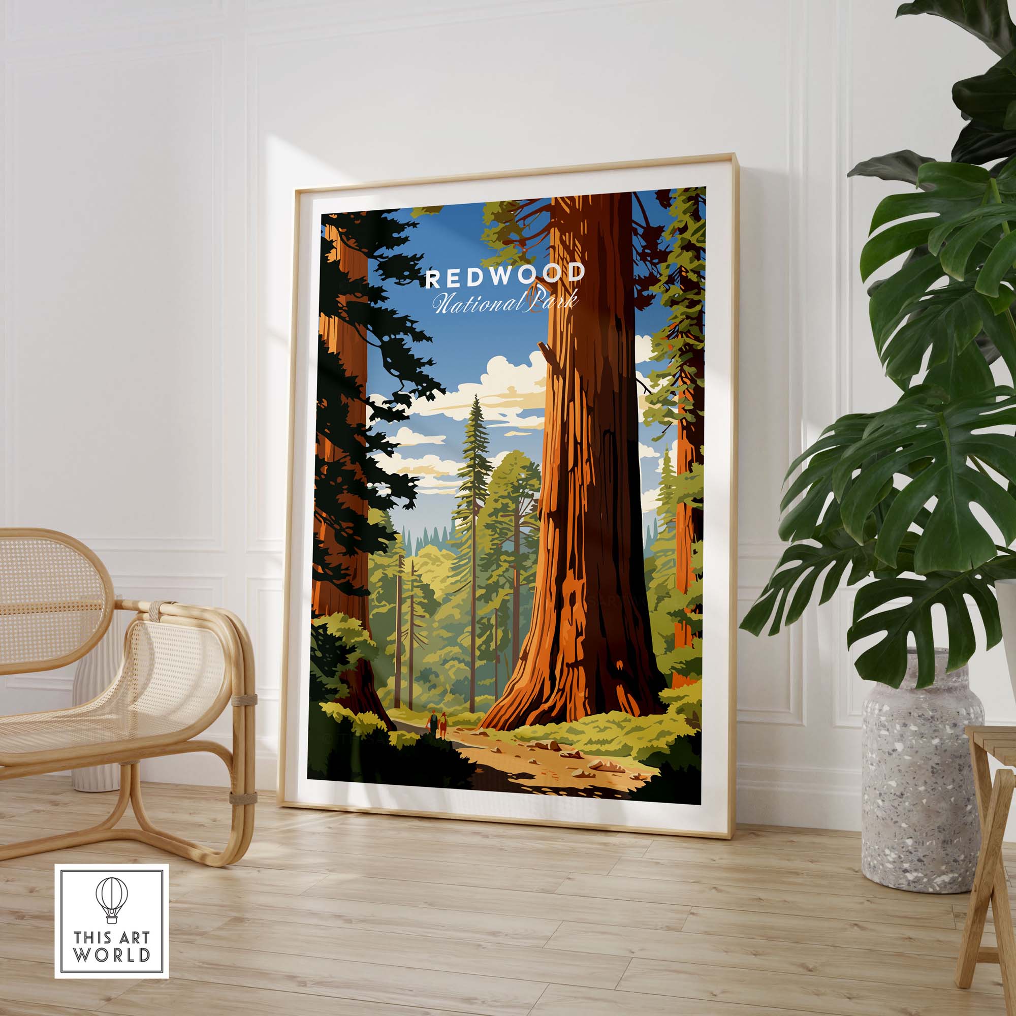 Redwood National Park Poster displayed in a bright room with natural decor and a lush forest scene.