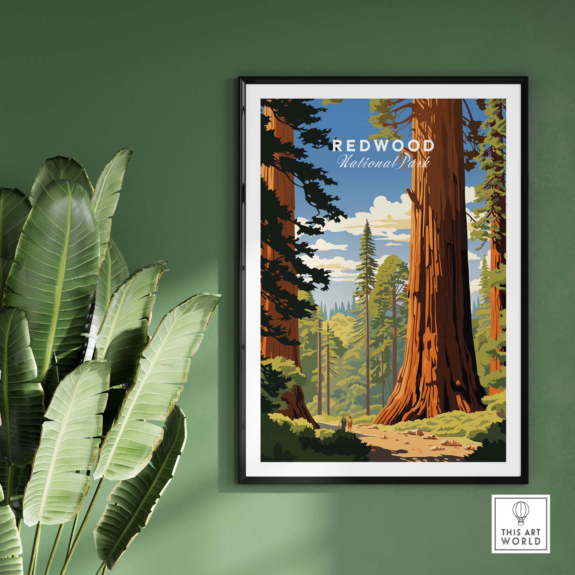 Redwood National Park Poster displayed in a framed format, showcasing towering trees and serene nature.