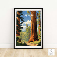 Redwood National Park Poster featuring a scenic view of majestic redwood trees in a vibrant, framed design.