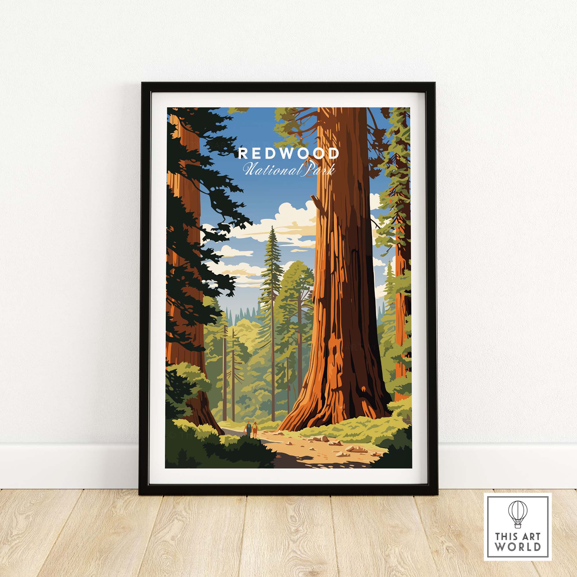 Redwood National Park Poster featuring a scenic view of majestic redwood trees in a vibrant, framed design.