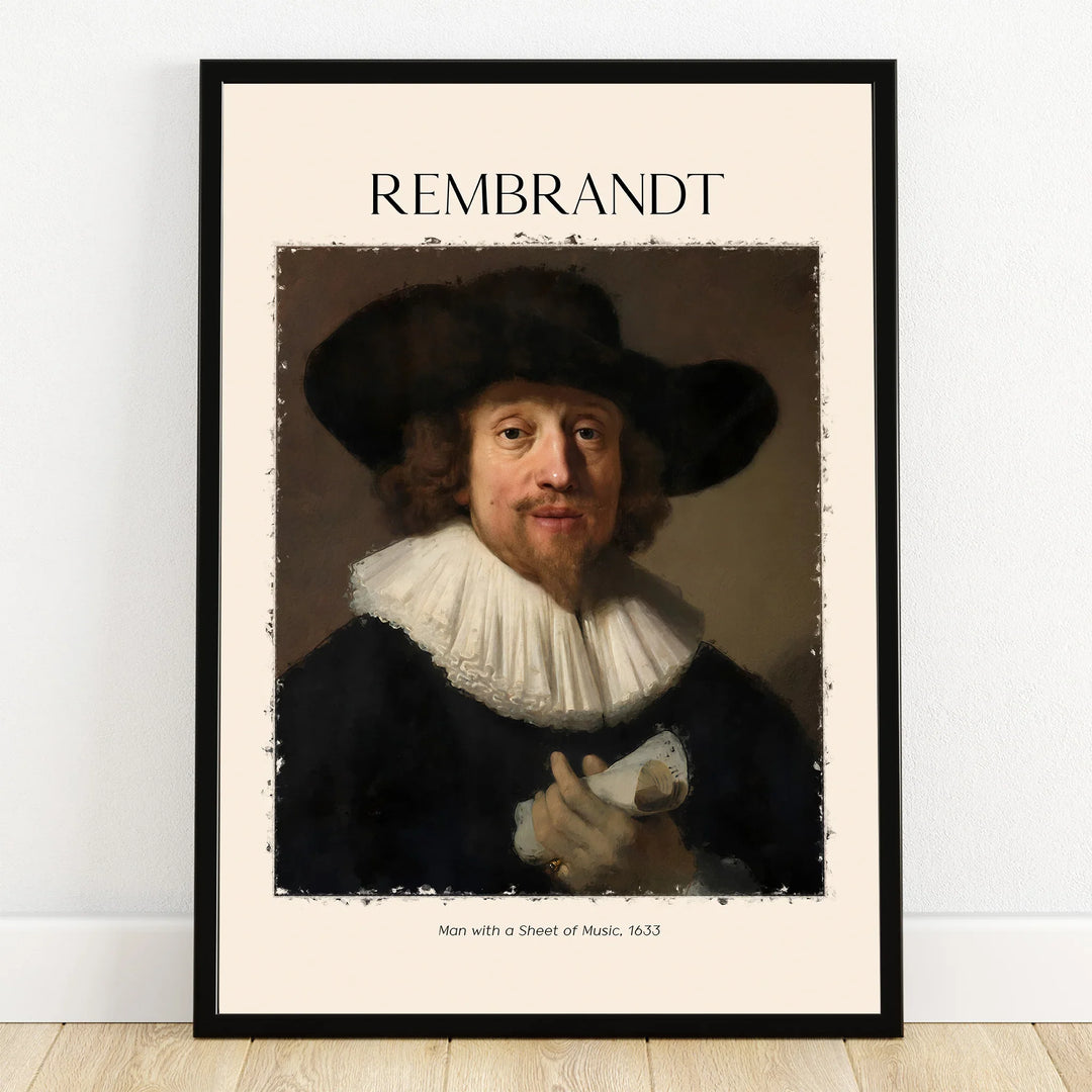 Framed Rembrandt art print of Man with a Sheet of Music, 1633, classic wall decor