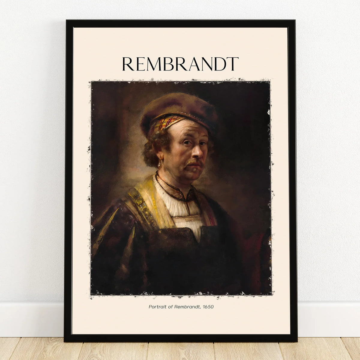 Framed Rembrandt portrait print, classic wall art poster with vintage style design