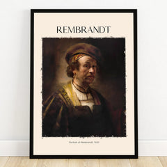 Framed Rembrandt portrait print, classic wall art poster with vintage style design