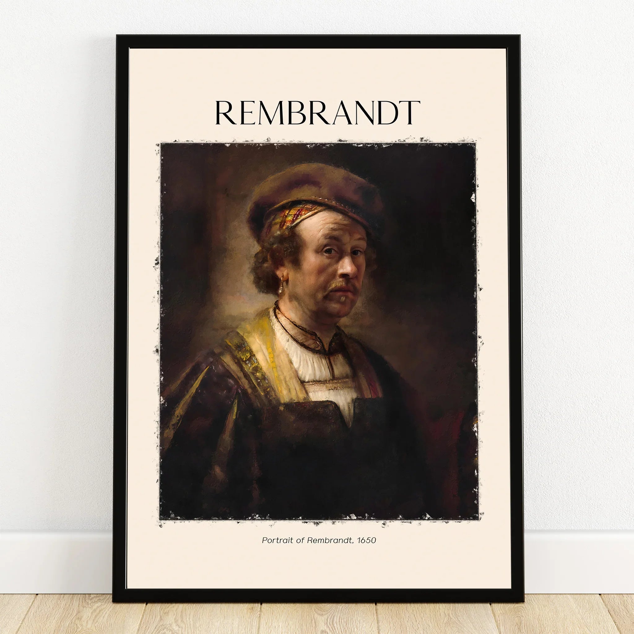 Framed Rembrandt portrait print, classic wall art poster with vintage style design