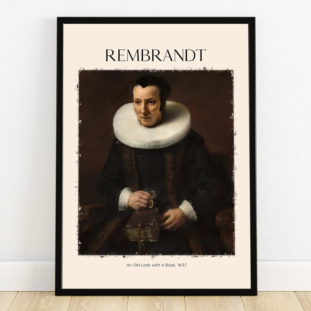 Framed Rembrandt wall art print featuring 'An Old Lady with a Book' portrait, classic decor