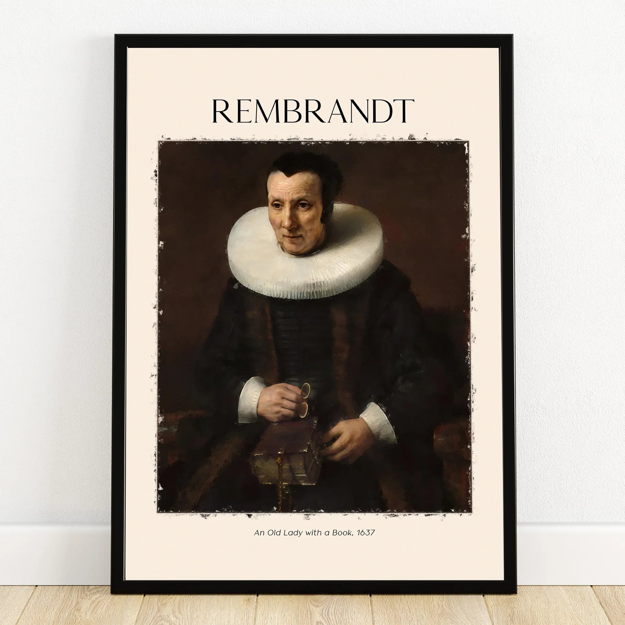 Framed Rembrandt wall art print featuring 'An Old Lady with a Book' portrait, classic decor