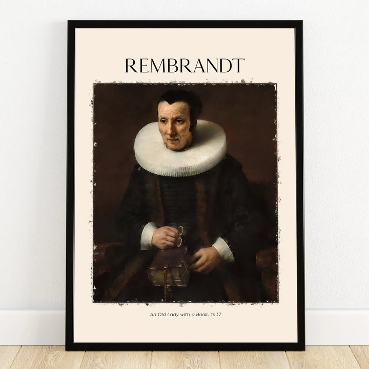 Framed Rembrandt wall art print featuring 'An Old Lady with a Book' portrait, classic decor