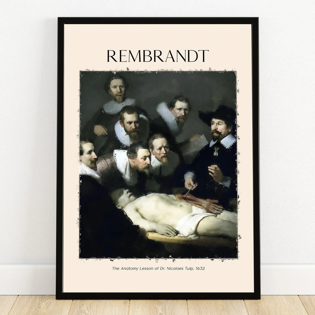 Framed Rembrandt anatomy lesson art print with group of men in dark clothing gathered around a table.
