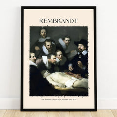 Framed Rembrandt anatomy lesson art print with group of men in dark clothing gathered around a table.