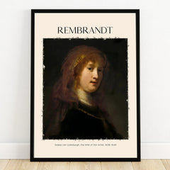 Framed Rembrandt portrait poster of a woman in dark classical attire, minimalist wall art