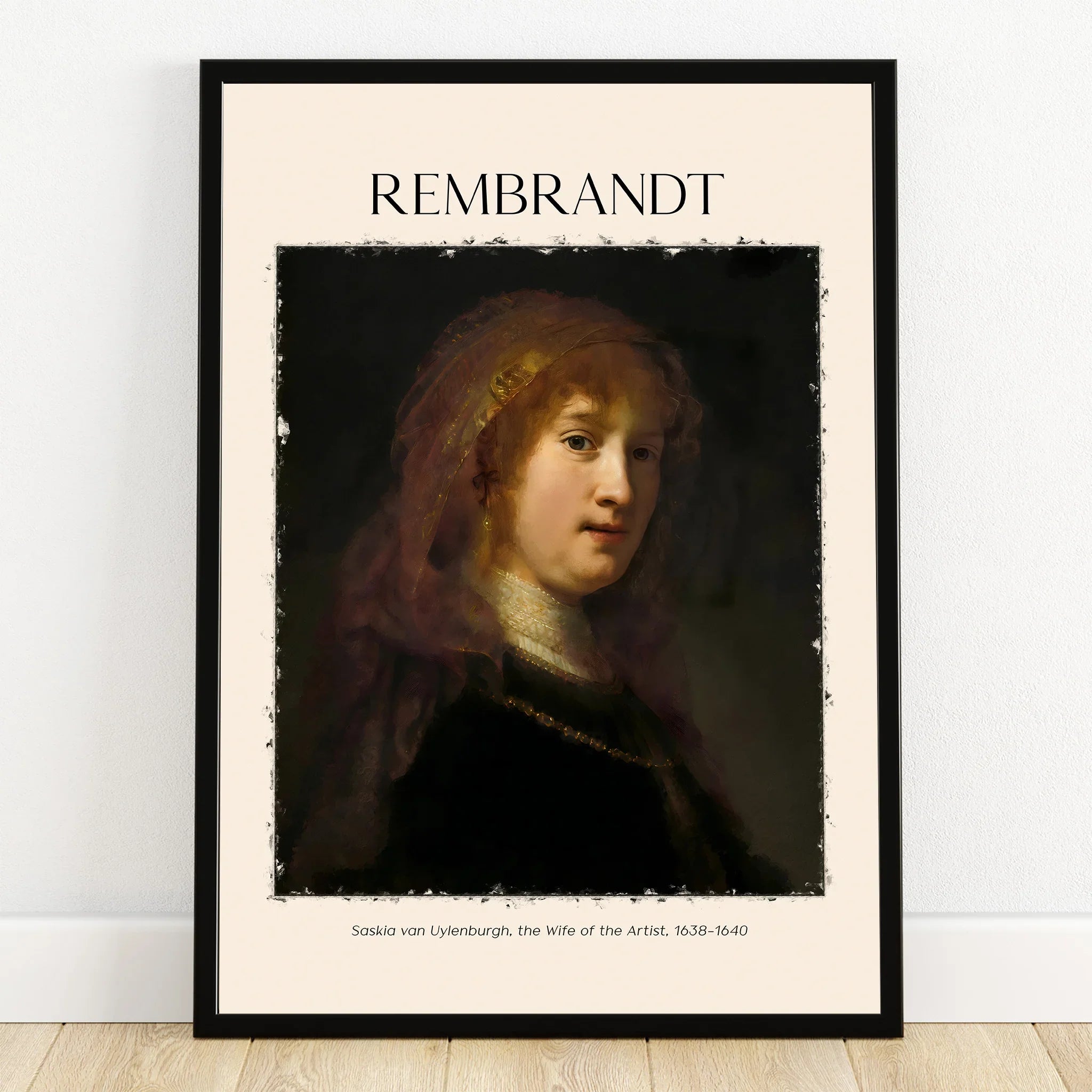 Framed Rembrandt portrait poster of a woman in dark classical attire, minimalist wall art