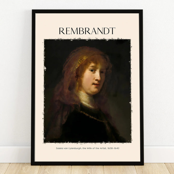 Framed Rembrandt portrait poster of a woman in dark classical attire, minimalist wall art