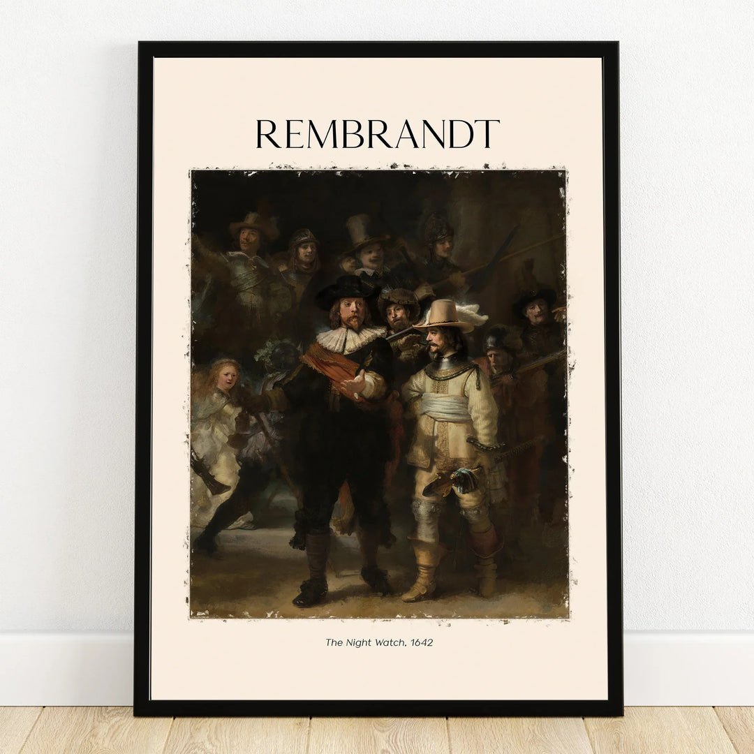 Framed Rembrandt Night Watch art print, classic painting wall decor, modern black frame
