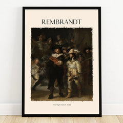 Framed Rembrandt Night Watch art print, classic painting wall decor, modern black frame