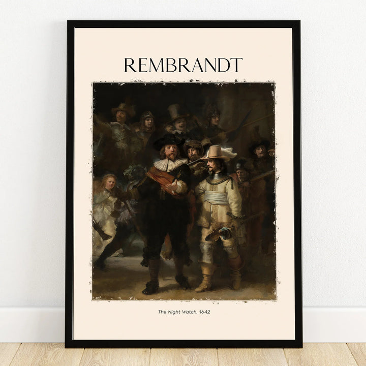 Framed Rembrandt Night Watch art print, classic painting wall decor, modern black frame