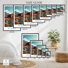 Reykjavik Iceland wall art size guide showcasing various frame dimensions and styles for home décor.