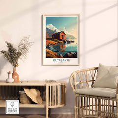 Reykjavik Iceland wall art poster featuring a serene landscape with a red house and mountains, perfect for home décor.