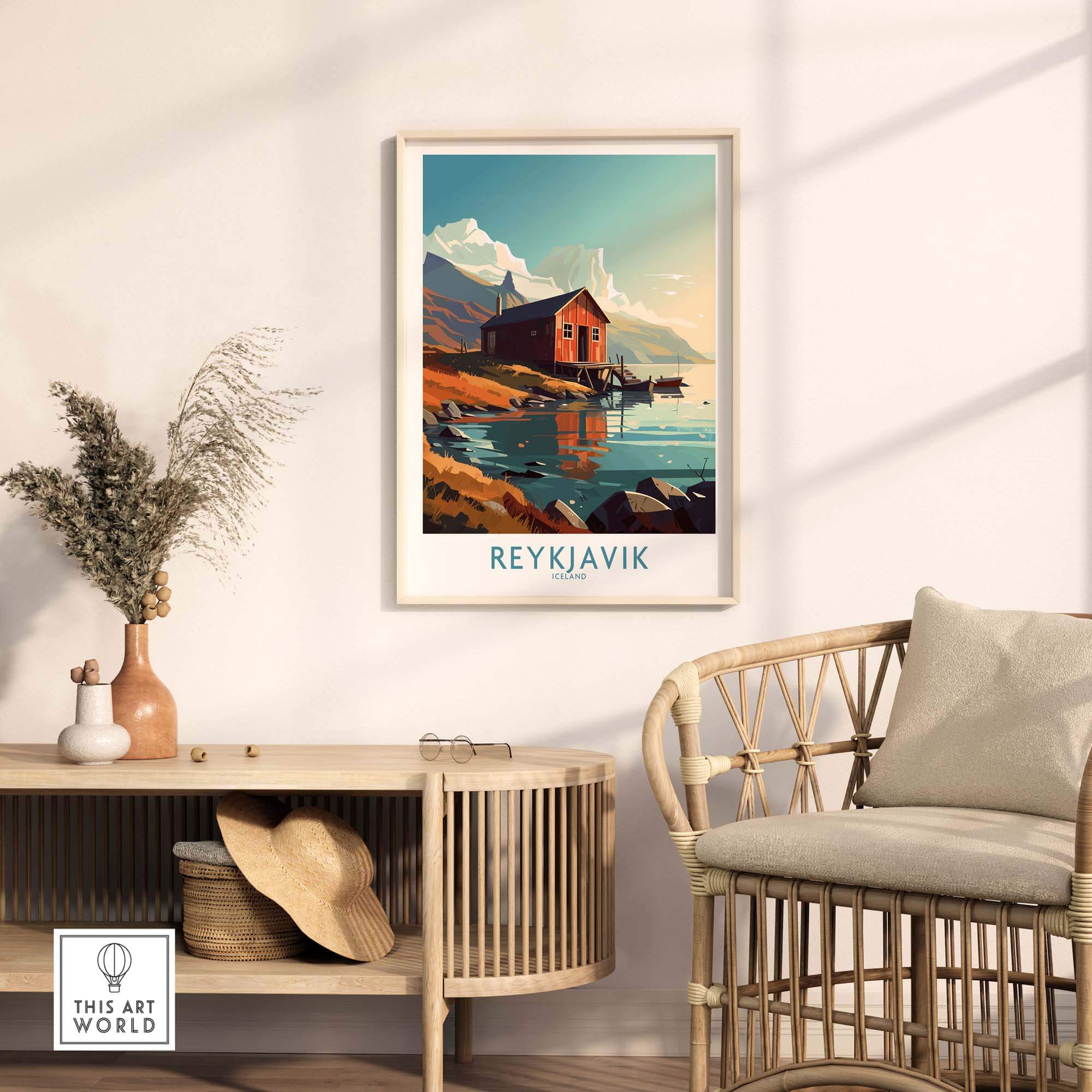 Reykjavik Iceland wall art poster featuring a serene landscape with a red house and mountains, perfect for home décor.