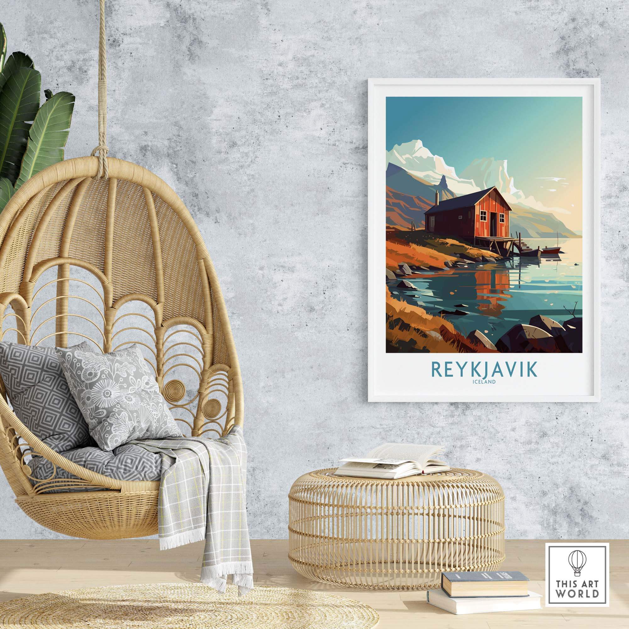 Modern Reykjavik Iceland wall art poster in a stylish home decor setting with a hanging chair.